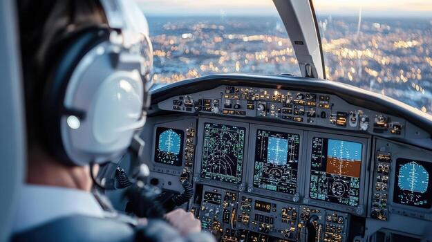 A pilot is sitting in the cockpit of a plane photo