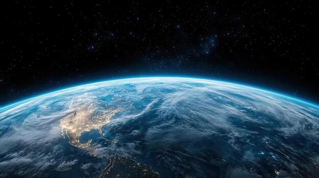 The earth from space with stars and clouds photo