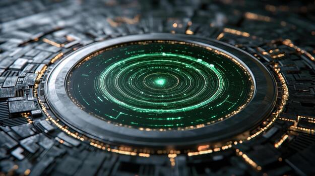 A futuristic circular structure with green lights photo