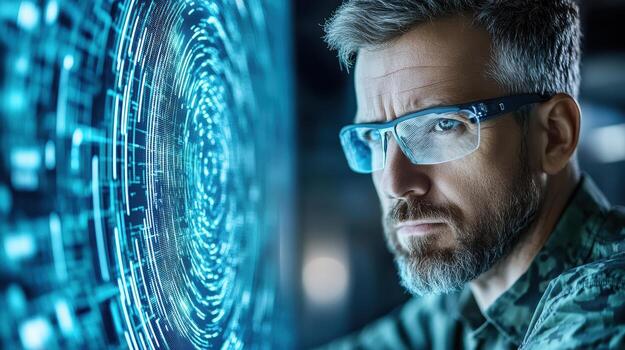 A man in glasses and a military uniform is looking at a computer screen photo