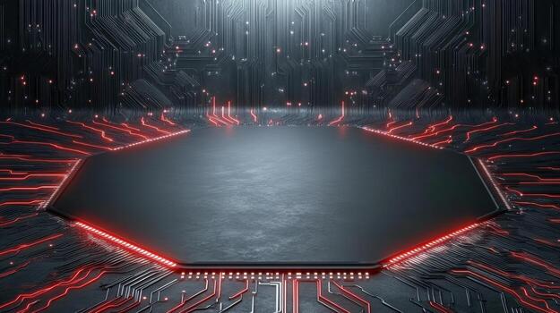 A black background with red lines and a hexagon photo