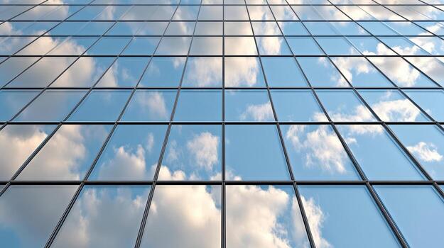 Clouds reflected in the windows of a glass building photo