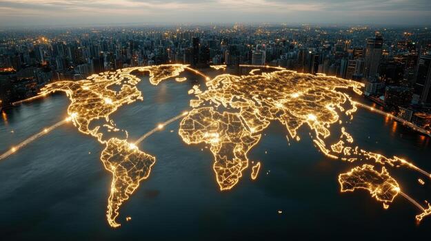 World map with network lines and cityscape at night photo
