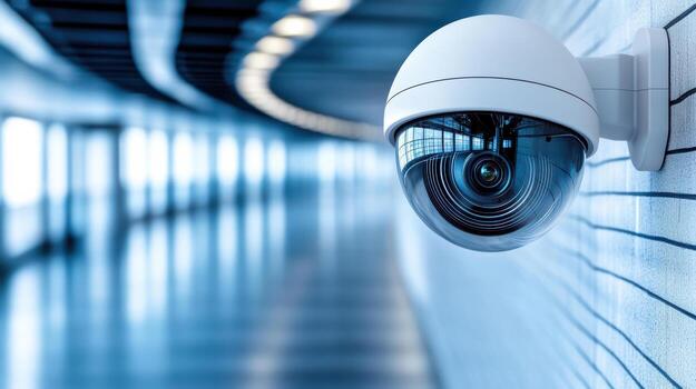 un seguridad cámara montado en un pared en un pasillo foto