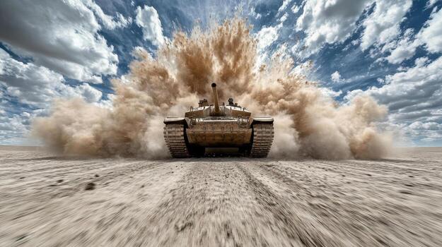 un tanque es conducción mediante el Desierto con polvo viniendo fuera de eso foto