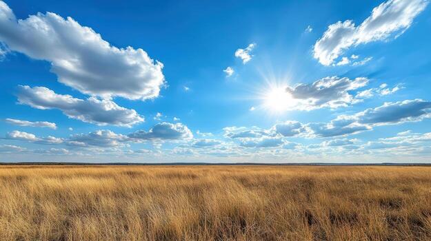 A field with grass and clouds under a blue sky photo