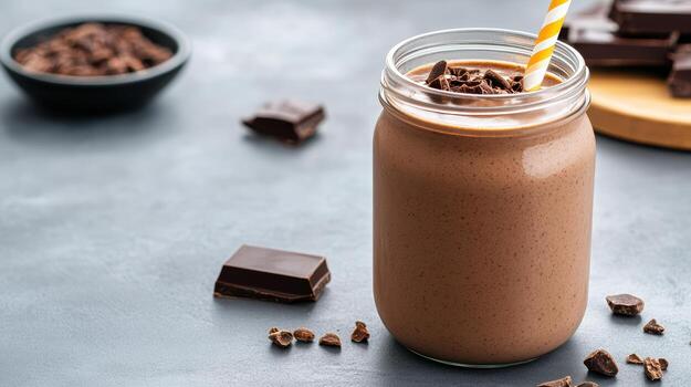 Chocolate smoothie with chocolate chips and a straw photo