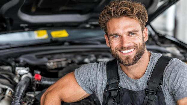 A man with a beard and a smile is sitting in front of a car photo