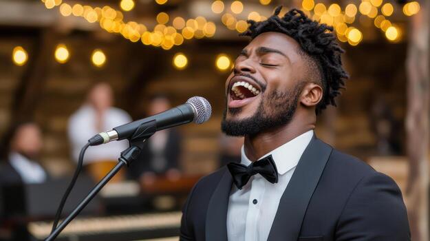 A man in a tuxedo singing into a microphone photo