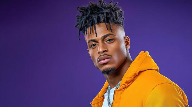 A man with dreadlocks wearing an orange jacket photo