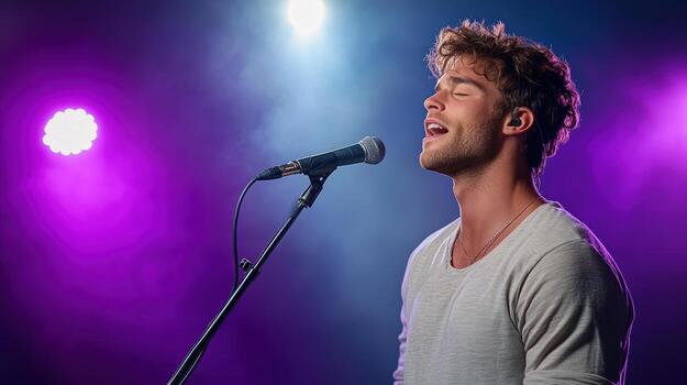 un hombre canto dentro un micrófono en frente de púrpura luces foto