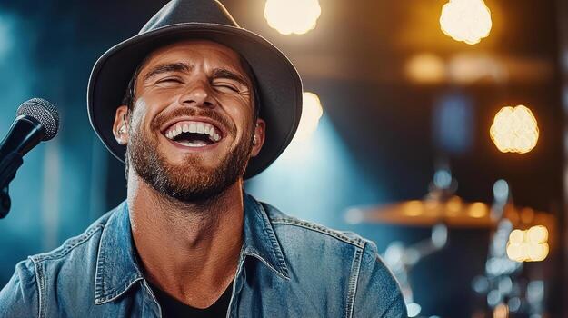 A man with a hat is singing into a microphone photo