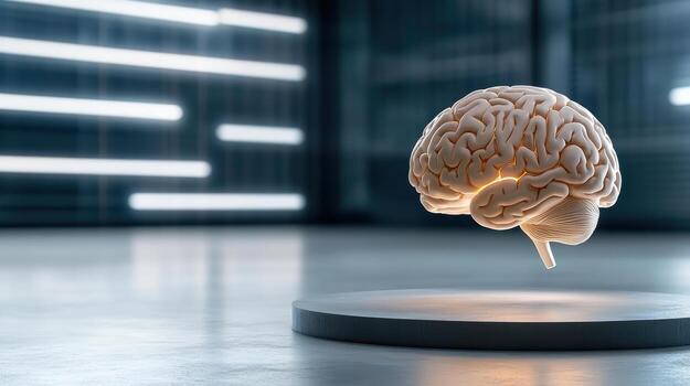A brain is shown on a pedestal in front of a wall photo