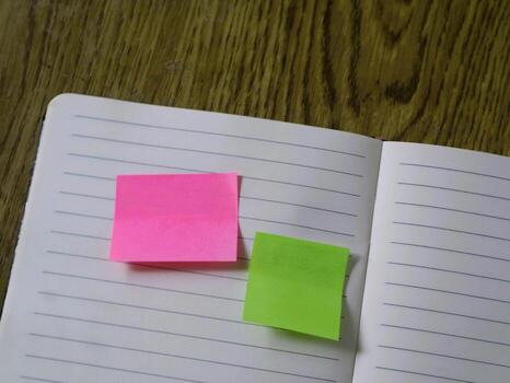 A notebook with sticky notes on it photo