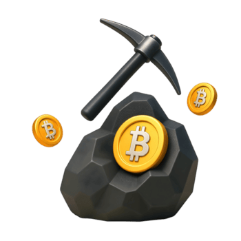 un bitcoin minería concepto, representado con un pico, un roca, y dorado bitcoin monedas, simbolizando el proceso de criptomoneda extracción y blockchain validación png