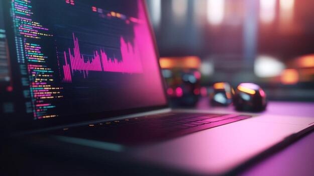 Dynamic coding environment with vibrant data visualization on laptop screen in modern workspace during evening hours photo