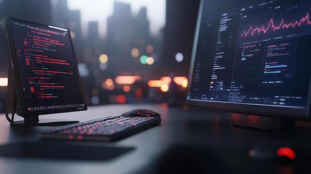alta tecnología espacio de trabajo exhibiendo doble monitores mostrando codificación y analítica en contra un ciudad horizonte fondo a noche foto