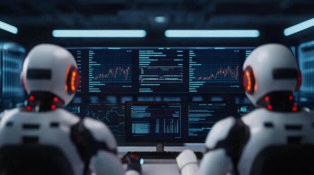 Robots analyzing data in a futuristic control room with advanced technology interfaces and glowing screens photo
