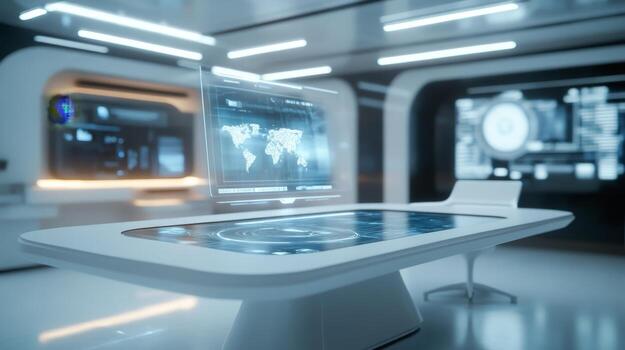 Futuristic digital workspace with holographic displays and interactive surface in a modern office environment photo