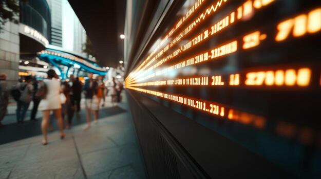 Busy city streets illuminated by digital displays showcasing financial data during twilight hours photo