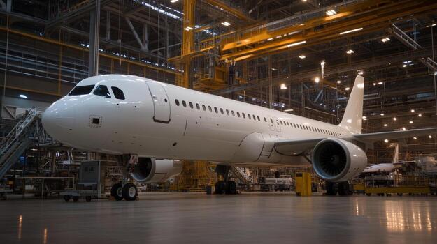 Large aircraft in manufacturing facility with tools and equipment ready for assembly during working hours photo