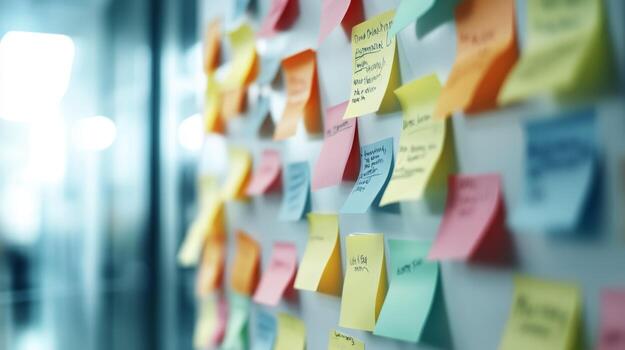 Colorful sticky notes arranged on a wall as part of brainstorming session in modern office setting during daylight hours photo