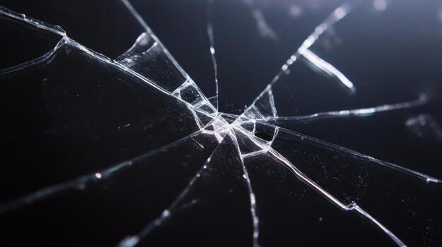 Cracked glass surface with intricate web-like pattern illuminated by soft light photo