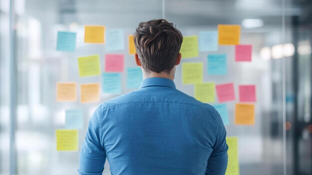 Professional man analyzing colorful sticky notes on a glass wall in a modern office setting during a brainstorming session photo