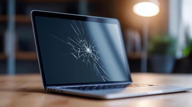 Laptop with a shattered screen placed on a wooden desk in a modern workspace during daylight hours photo