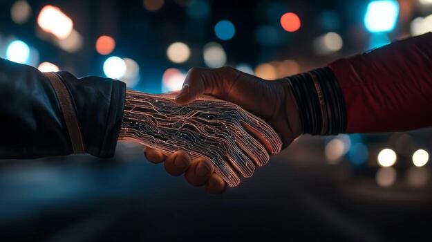 Two hands of different designs shake in a futuristic cityscape at night with illuminated circuits and neon lights photo