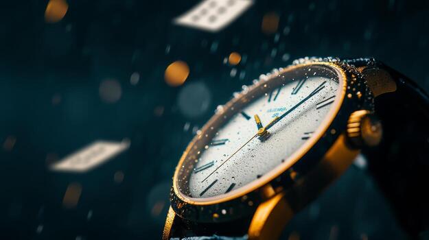 High-quality watch with water droplets against a dark background, showcasing its elegance and craftsmanship during a rainy moment photo