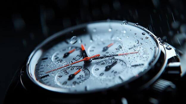 Close-up view of a water-resistant chronograph wristwatch displaying intricate details under rainy conditions photo