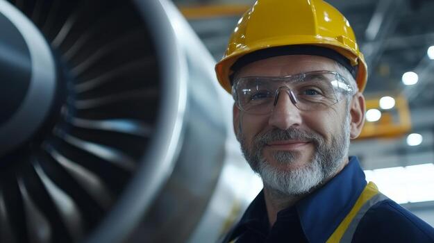 Engineer smiling while working in an aircraft manufacturing facility near a jet engine during daytime photo