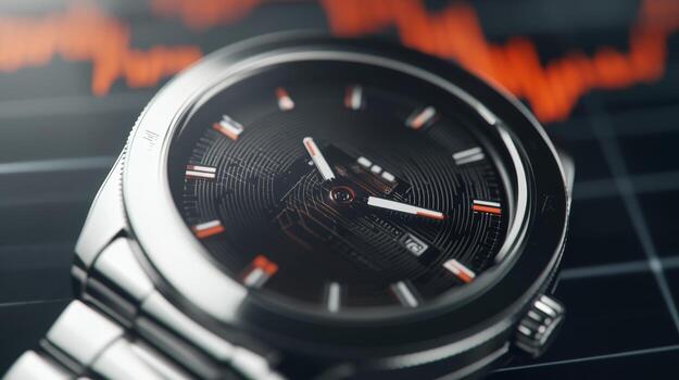 Stylish wristwatch with sleek design showcasing precision timekeeping beside heartbeat monitor analysis photo