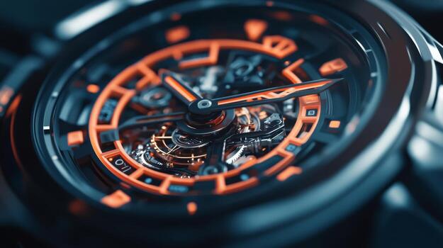 Intricate watch design featuring orange accents and detailed inner mechanics on a dark background photo