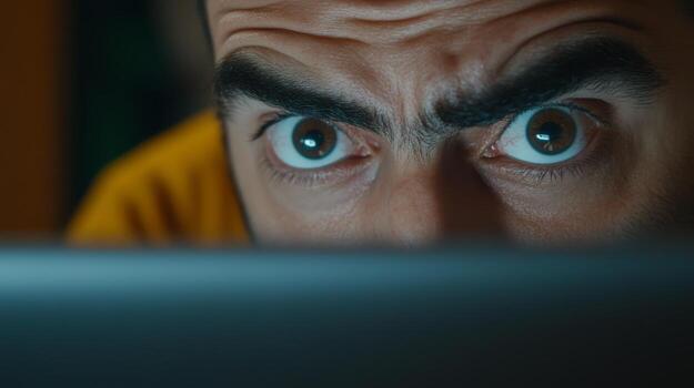Intense focus on a computer screen during late-night work session in a dimly lit room photo
