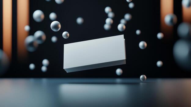 Floating blank business card with abstract spheres in dark studio setting photo