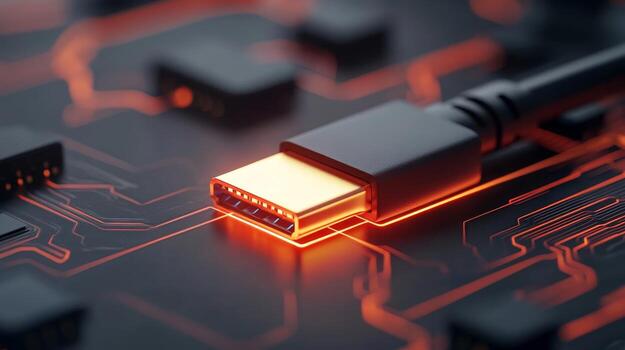 USB connector surrounded by circuit board patterns with glowing lights in a dark environment showcasing modern technology photo
