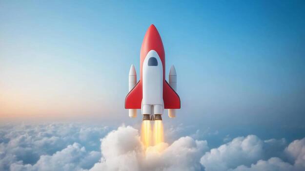 cohete lanzamiento dentro el cielo con nubes abajo durante un vibrante puesta de sol foto