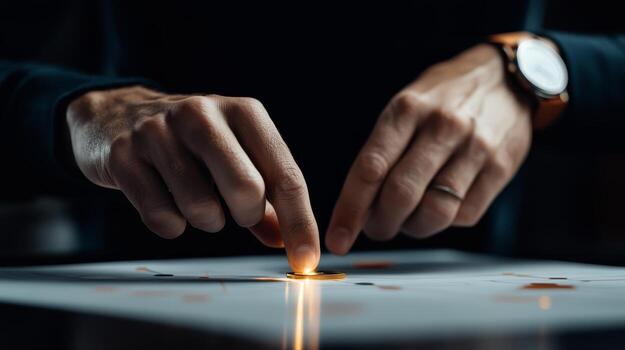 Hands working on a creative project with a glowing element in a modern workspace during the evening photo