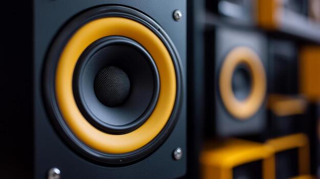 High-quality audio speaker with yellow accents placed in a modern setting photo