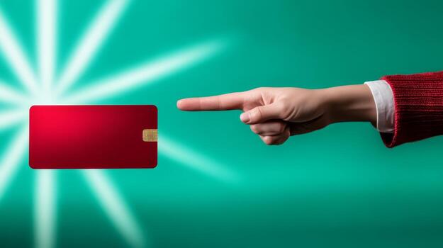 Hand pointing at red credit card against a bright teal background highlighting the concept of online shopping or digital payments photo