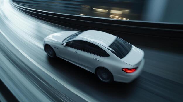 Fast white car navigating a rainy urban highway at night with blurred motion effect and illuminated surroundings photo