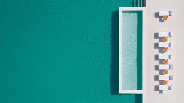 Relaxing lounge chairs by the turquoise pool under the bright sun in a serene resort setting photo