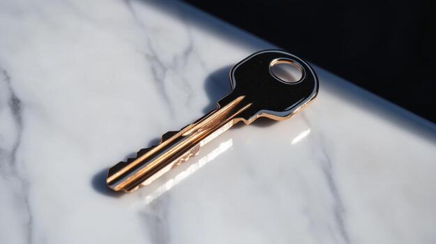 Key lying on a marble surface with natural light illuminating its metallic sheen and intricate details, emphasizing modern design and simplicity photo