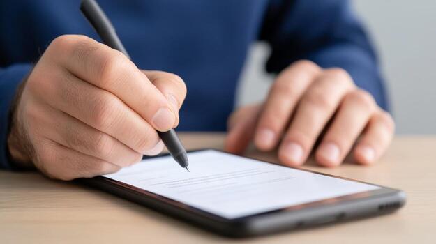 Person using a stylus to take notes on a tablet in a modern workspace during the daytime photo