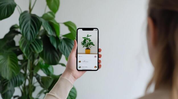 Woman using smartphone to browse plant care app while standing next to indoor plant photo