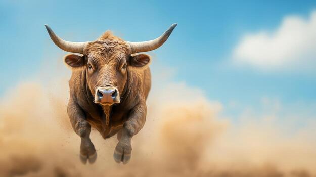 Bull charging through dust clouds in an open field under a bright blue sky photo
