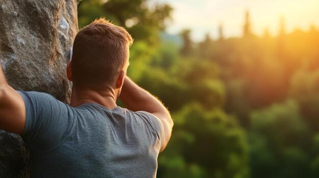 Climber enjoying nature at sunset while resting against a rock in a tranquil forest landscape photo