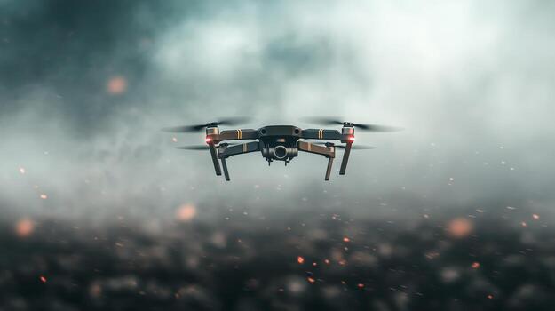 A drone hovers in a misty environment, navigating through obscured visibility while capturing aerial perspectives of the landscape. photo
